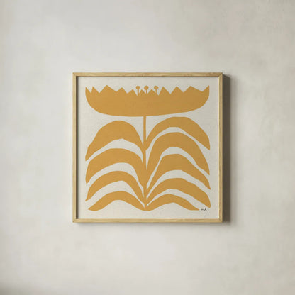 Delighted III Yellow by Moira Hershey. Shown in a natural wood glass frame for a timeless modern aesthetic. Available as an archival giclee rolled canvas, fine art paper, or poster print. SKU 80537a.