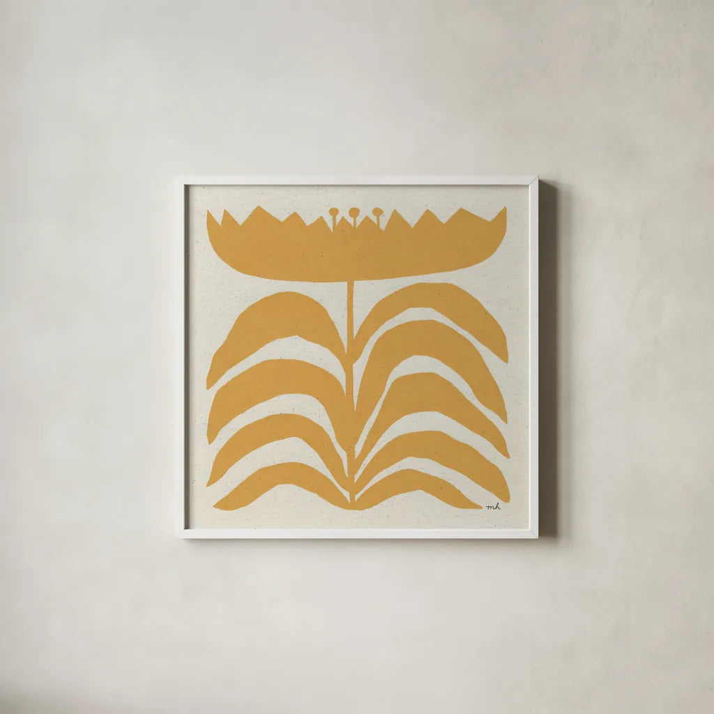 Delighted III Yellow by Moira Hershey. Shown in a crisp white glass frame for a clean and minimalist style. Available as an archival giclee rolled canvas, fine art paper, or poster print. SKU 80537a.