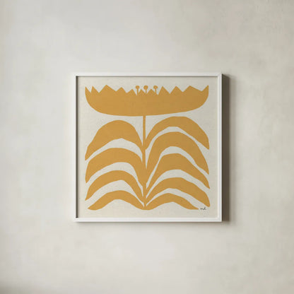 Delighted III Yellow by Moira Hershey. Shown in a crisp white glass frame for a clean and minimalist style. Available as an archival giclee rolled canvas, fine art paper, or poster print. SKU 80537a.