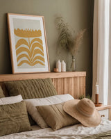 Delighted III Yellow Vertical by Moira Hershey. shown as a paper print in a natural frame. Available as a archival giclee rolled canvas, fine art paper, or poster print. SKU 80722h.