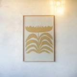 Delighted III Yellow Vertical by Moira Hershey. shown as a paper print in a natural frame. Available as a archival giclee rolled canvas, fine art paper, or poster print. SKU 80722h.