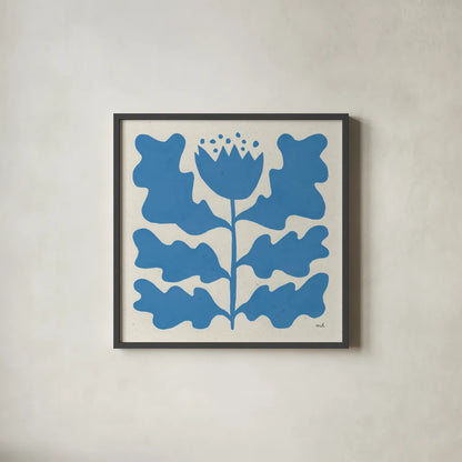 Delighted IV Blue by Moira Hershey. Shown in a sleek black glass frame for a contemporary gallery look. Available as an archival giclee rolled canvas, fine art paper, or poster print. SKU 80397a.