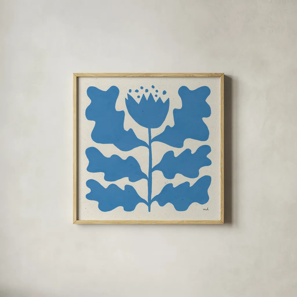 Delighted IV Blue by Moira Hershey. Shown in a natural wood glass frame for a timeless modern aesthetic. Available as an archival giclee rolled canvas, fine art paper, or poster print. SKU 80397a.