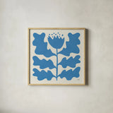 Delighted IV Blue by Moira Hershey. Shown in a natural wood glass frame for a timeless modern aesthetic. Available as an archival giclee rolled canvas, fine art paper, or poster print. SKU 80397a.