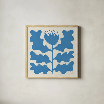 Delighted IV Blue by Moira Hershey. Shown in a natural wood glass frame for a timeless modern aesthetic. Available as an archival giclee rolled canvas, fine art paper, or poster print. SKU 80397a.