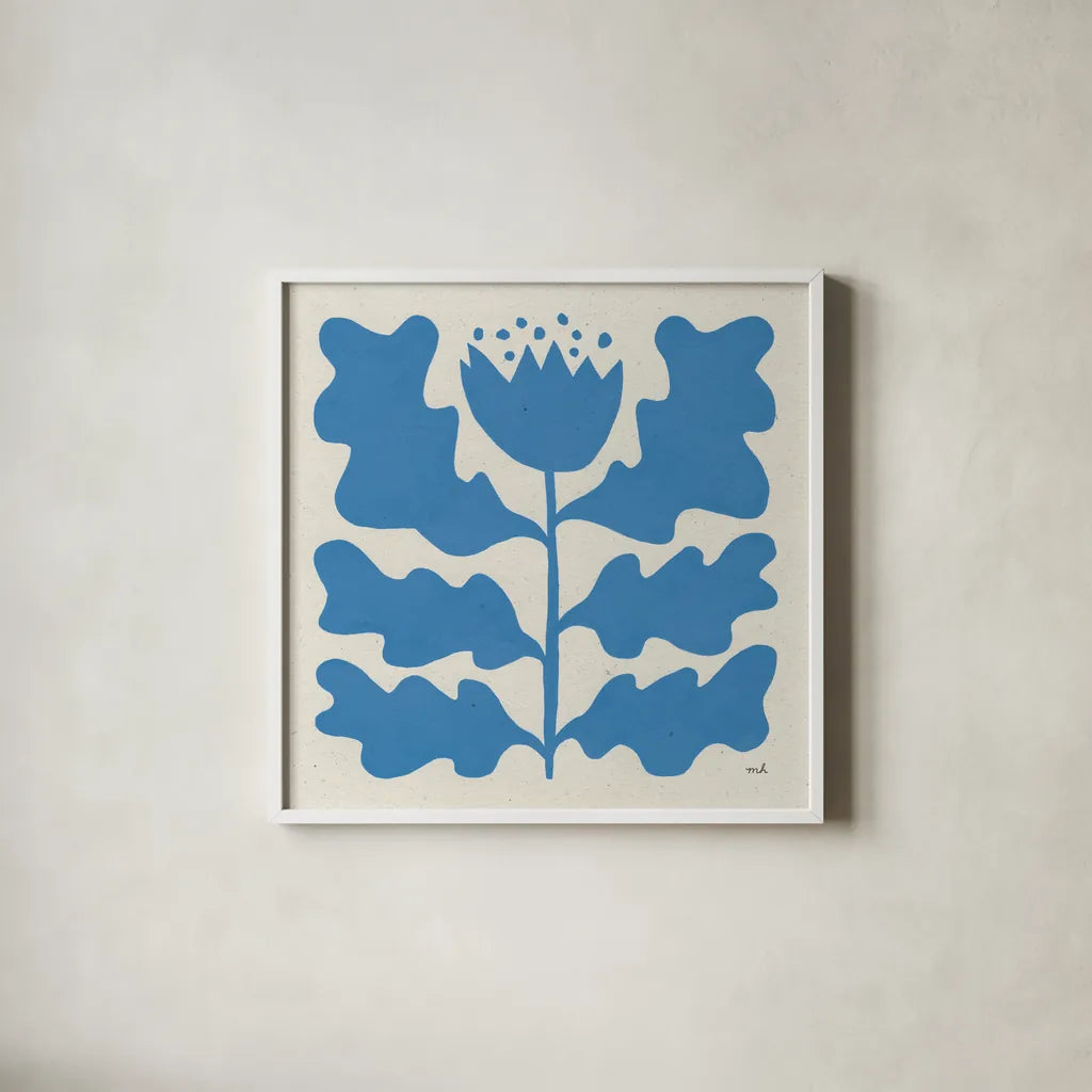 Delighted IV Blue by Moira Hershey. Shown in a crisp white glass frame for a clean and minimalist style. Available as an archival giclee rolled canvas, fine art paper, or poster print. SKU 80397a.