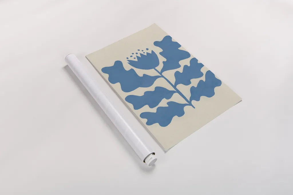 Delighted IV Blue Vertical by Moira Hershey. shown as a rolled paper print. Available as archival giclee rolled canvas, fine art paper, or poster print. SKU 80719h.