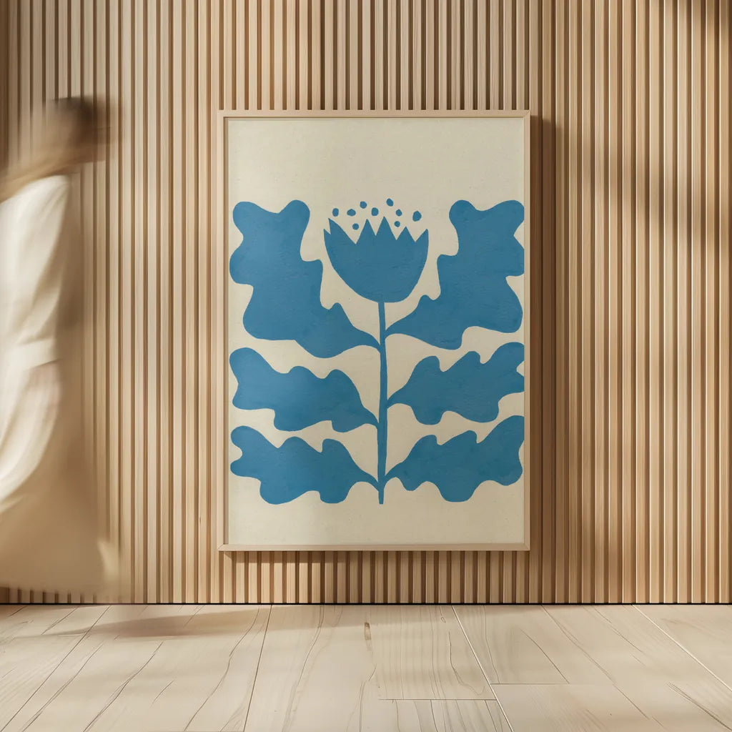 Delighted IV Blue Vertical by Moira Hershey. shown as over sized large wall art. Available as an archival giclee rolled canvas, fine art paper, or poster print. SKU 80719h.