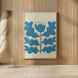 Delighted IV Blue Vertical by Moira Hershey. shown as over sized large wall art. Available as an archival giclee rolled canvas, fine art paper, or poster print. SKU 80719h.