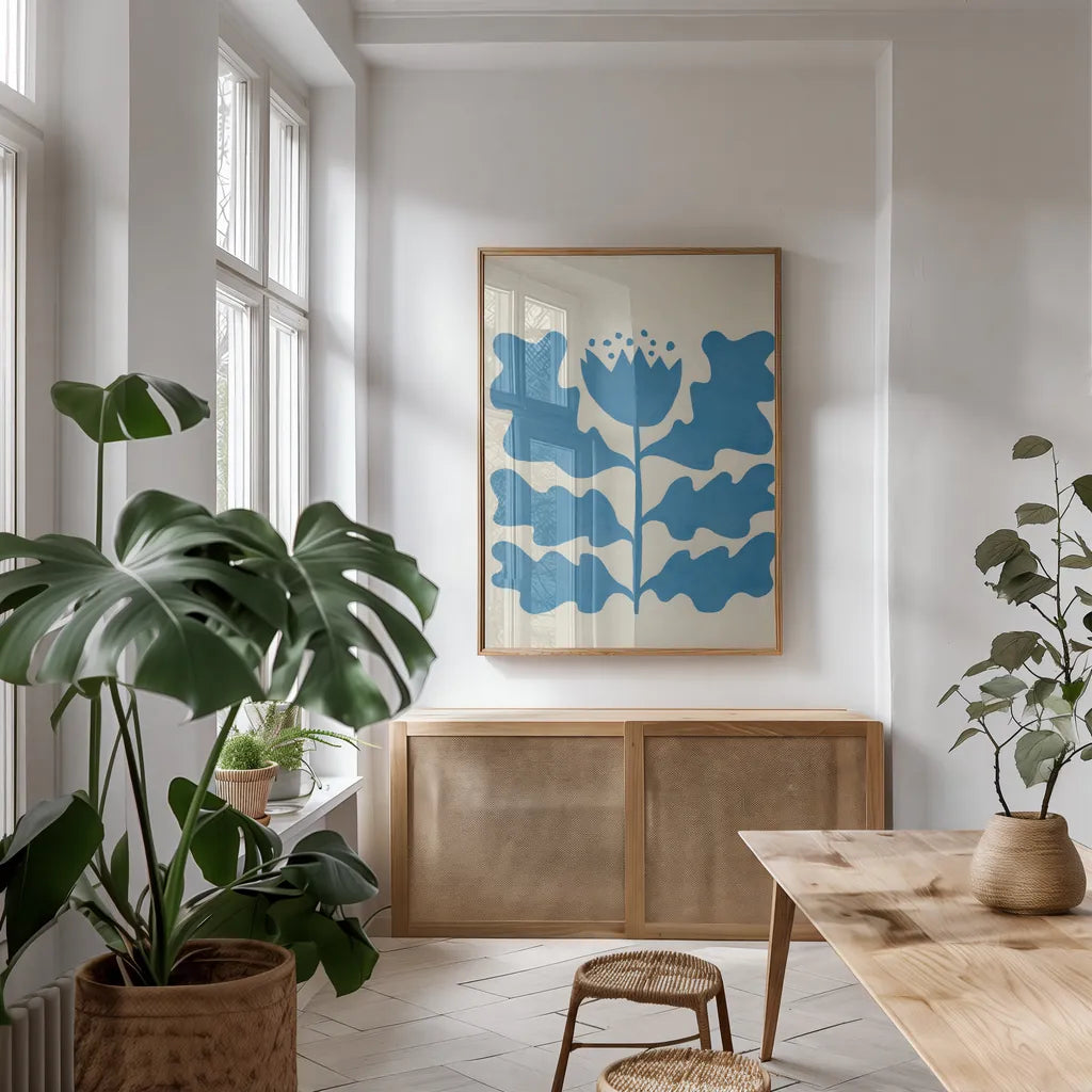 Delighted IV Blue Vertical by Moira Hershey. shown as a print in a natural wood frame in a dining room. Available as a archival giclee rolled canvas, fine art paper, or poster print. SKU 80719h.