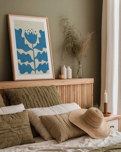 Delighted IV Blue Vertical by Moira Hershey. shown as a paper print in a natural frame. Available as a archival giclee rolled canvas, fine art paper, or poster print. SKU 80719h.