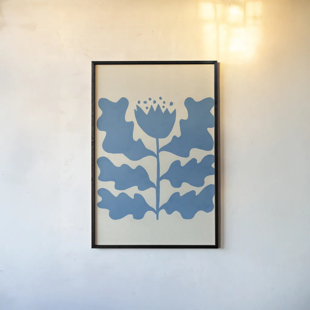 Delighted IV Blue Vertical by Moira Hershey. shown as a paper print in a black flame. Available as a archival giclee rolled canvas, fine art paper, or poster print. SKU 80719h.