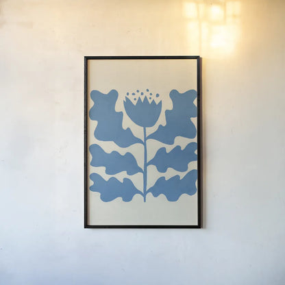 Delighted IV Blue Vertical by Moira Hershey. shown as a paper print in a black flame. Available as a archival giclee rolled canvas, fine art paper, or poster print. SKU 80719h.