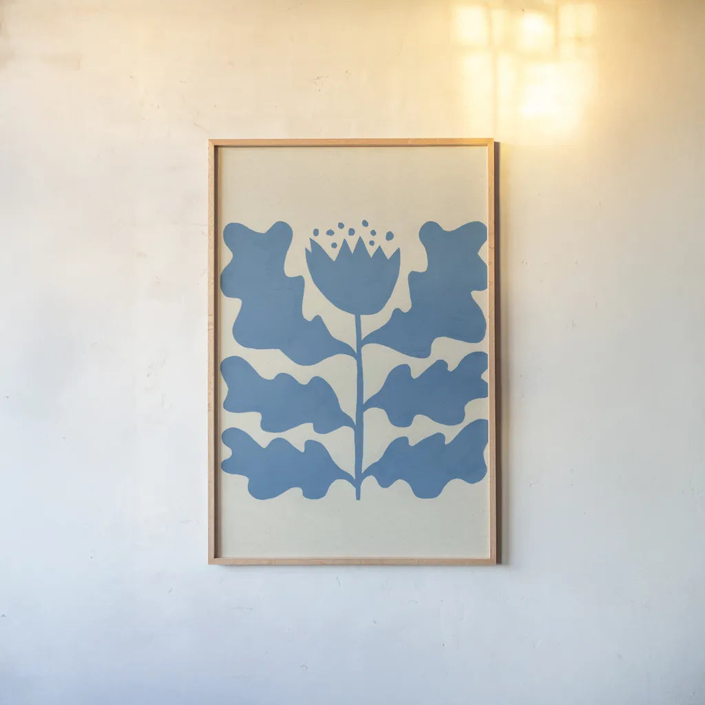 Delighted IV Blue Vertical by Moira Hershey. shown as a paper print in a natural frame. Available as a archival giclee rolled canvas, fine art paper, or poster print. SKU 80719h.