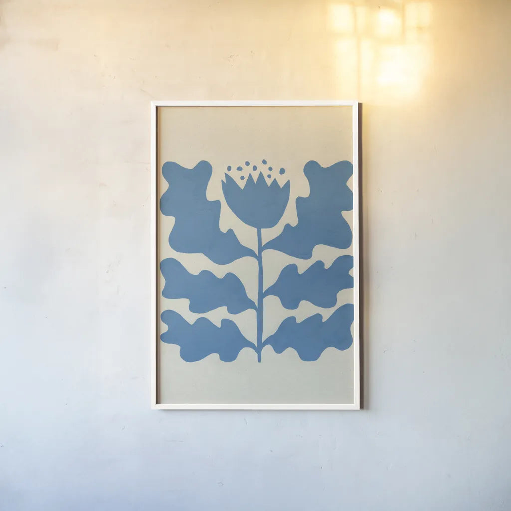 Delighted IV Blue Vertical by Moira Hershey. shown as a paper print in a white frame. Available as a archival giclee rolled canvas, fine art paper, or poster print. SKU 80719h.