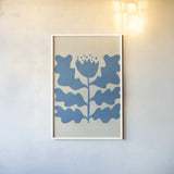 Delighted IV Blue Vertical by Moira Hershey. shown as a paper print in a white frame. Available as a archival giclee rolled canvas, fine art paper, or poster print. SKU 80719h.