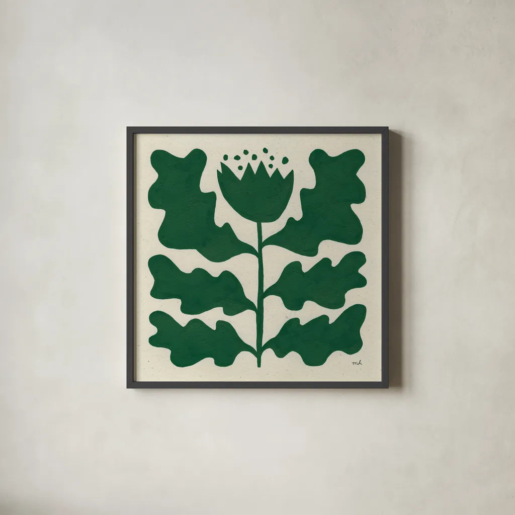 Delighted IV Emerald by Moira Hershey. Shown in a sleek black glass frame for a contemporary gallery look. Available as an archival giclee rolled canvas, fine art paper, or poster print. SKU 80201a.