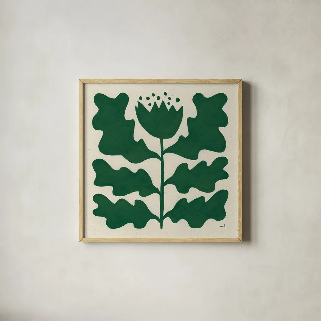 Delighted IV Emerald by Moira Hershey. Shown in a natural wood glass frame for a timeless modern aesthetic. Available as an archival giclee rolled canvas, fine art paper, or poster print. SKU 80201a.