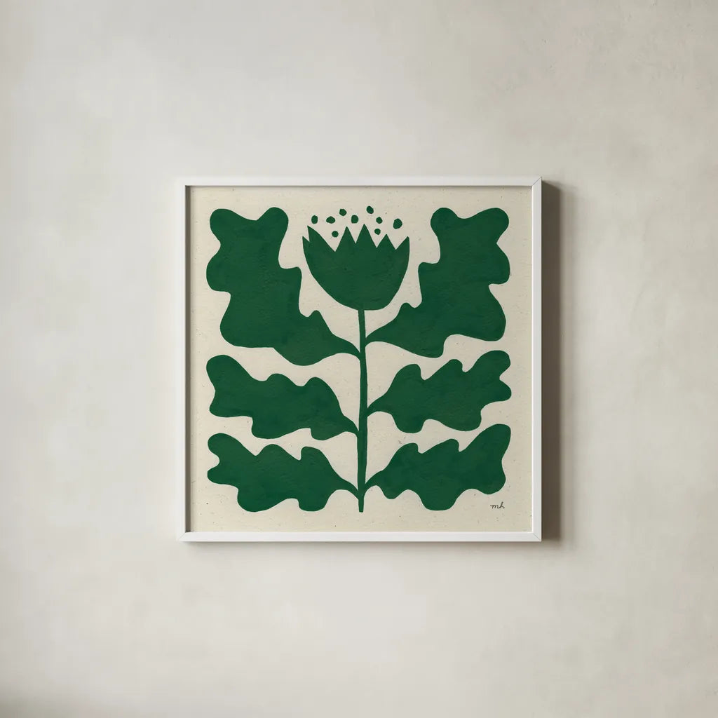 Delighted IV Emerald by Moira Hershey. Shown in a crisp white glass frame for a clean and minimalist style. Available as an archival giclee rolled canvas, fine art paper, or poster print. SKU 80201a.
