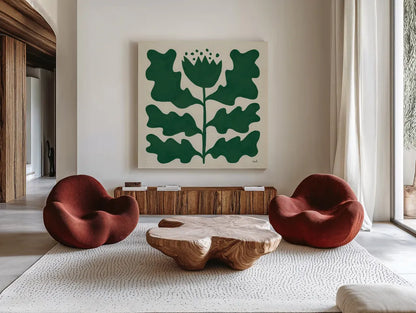 Delighted IV Emerald by Moira Hershey. Shown as extra-large giant wall art in a modern living room. Available as an archival giclee rolled canvas, fine art paper, or poster print. SKU 80201a.