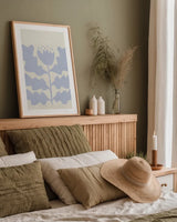 Delighted IV Lavender Vertical by Moira Hershey. shown as a paper print in a natural frame. Available as a archival giclee rolled canvas, fine art paper, or poster print. SKU 80734h.