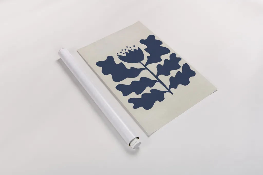 Delighted IV Navy Vertical by Moira Hershey. shown as a rolled paper print. Available as archival giclee rolled canvas, fine art paper, or poster print. SKU 80738h.