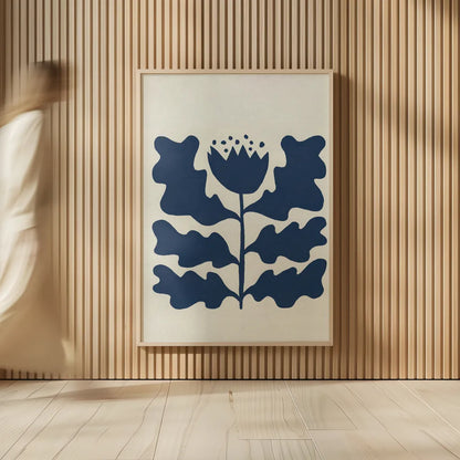 Delighted IV Navy Vertical by Moira Hershey. shown as over sized large wall art. Available as an archival giclee rolled canvas, fine art paper, or poster print. SKU 80738h.