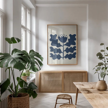 Delighted IV Navy Vertical by Moira Hershey. shown as a print in a natural wood frame in a dining room. Available as a archival giclee rolled canvas, fine art paper, or poster print. SKU 80738h.