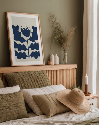 Delighted IV Navy Vertical by Moira Hershey. shown as a paper print in a natural frame. Available as a archival giclee rolled canvas, fine art paper, or poster print. SKU 80738h.