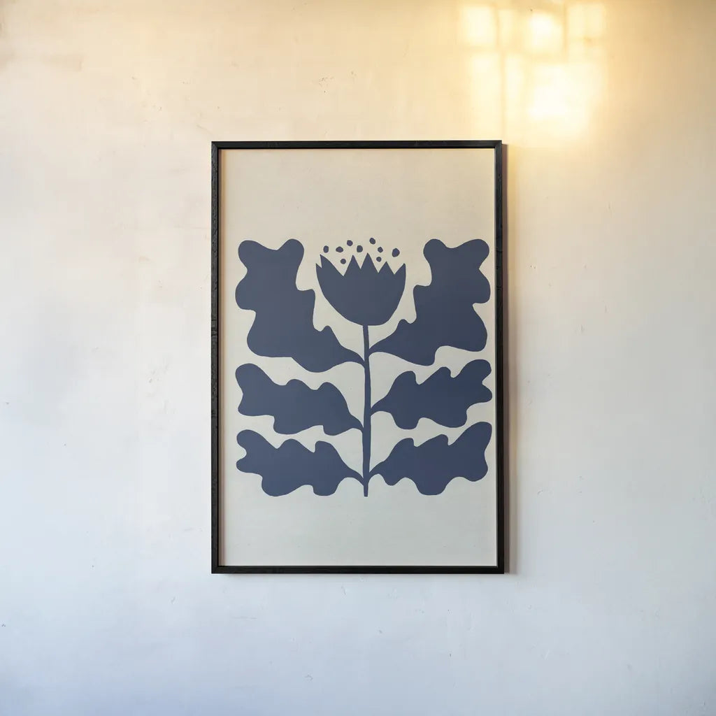 Delighted IV Navy Vertical by Moira Hershey. shown as a paper print in a black flame. Available as a archival giclee rolled canvas, fine art paper, or poster print. SKU 80738h.