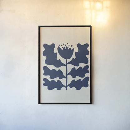 Delighted IV Navy Vertical by Moira Hershey. shown as a paper print in a black flame. Available as a archival giclee rolled canvas, fine art paper, or poster print. SKU 80738h.