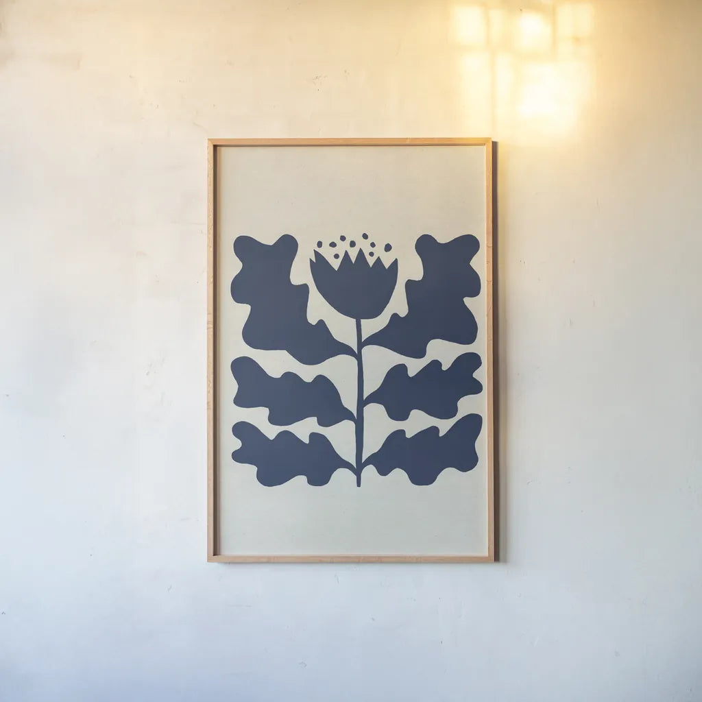 Delighted IV Navy Vertical by Moira Hershey. shown as a paper print in a natural frame. Available as a archival giclee rolled canvas, fine art paper, or poster print. SKU 80738h.