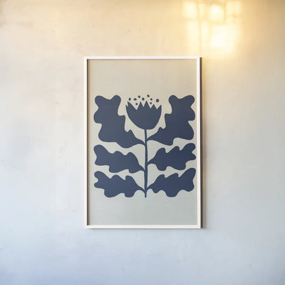 Delighted IV Navy Vertical by Moira Hershey. shown as a paper print in a white frame. Available as a archival giclee rolled canvas, fine art paper, or poster print. SKU 80738h.