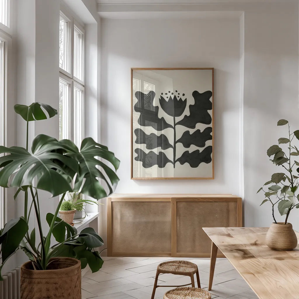 Delighted IV Vertical by Moira Hershey. shown as a print in a natural wood frame in a dining room. Available as a archival giclee rolled canvas, fine art paper, or poster print. SKU 80699h.