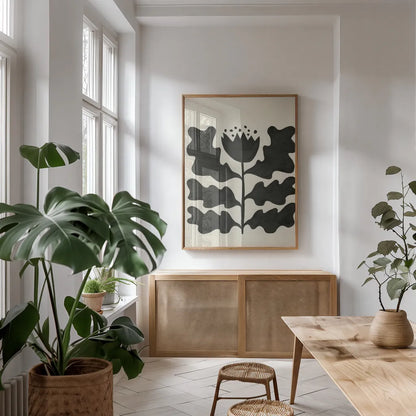 Delighted IV Vertical by Moira Hershey. shown as a print in a natural wood frame in a dining room. Available as a archival giclee rolled canvas, fine art paper, or poster print. SKU 80699h.