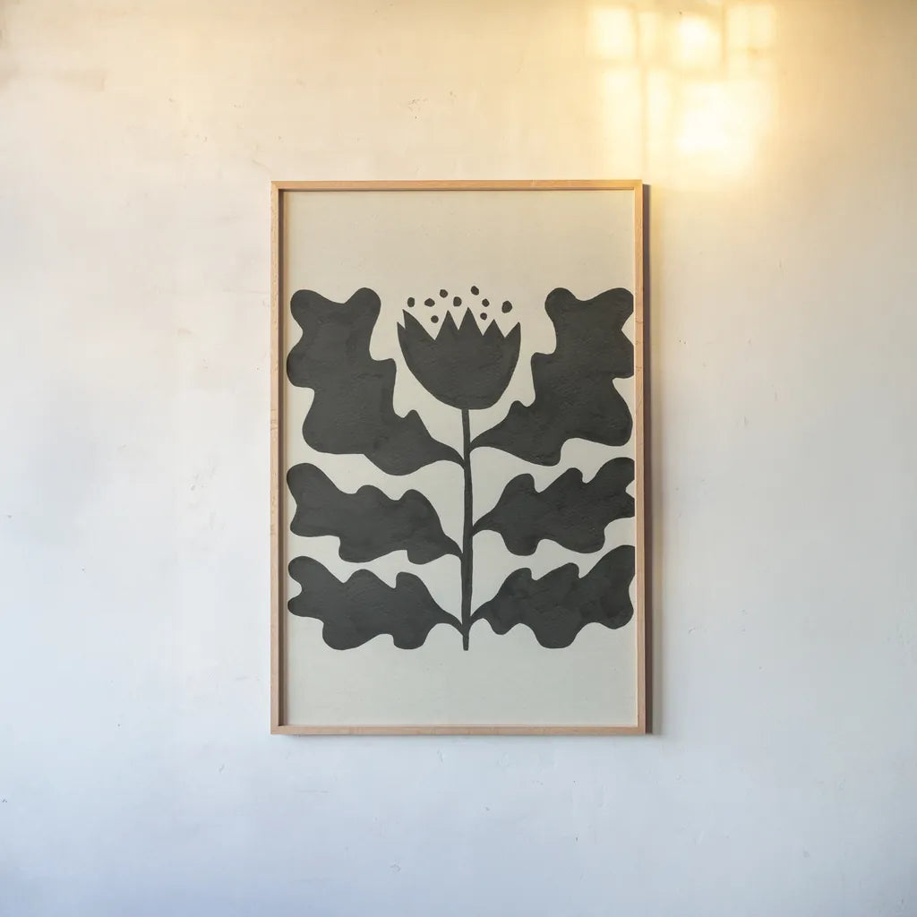 Delighted IV Vertical by Moira Hershey. shown as a paper print in a natural frame. Available as a archival giclee rolled canvas, fine art paper, or poster print. SKU 80699h.