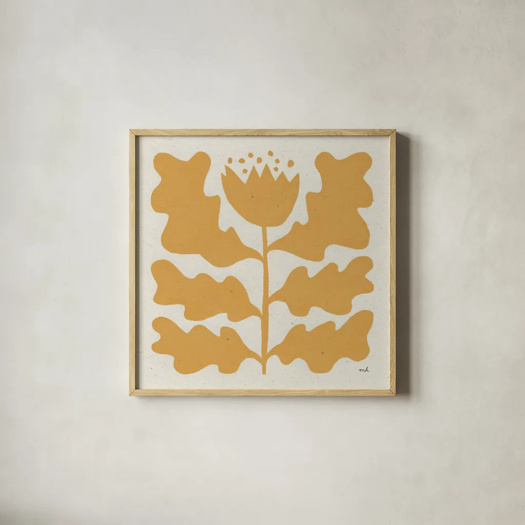 Delighted IV Yellow by Moira Hershey. Shown in a natural wood glass frame for a timeless modern aesthetic. Available as an archival giclee rolled canvas, fine art paper, or poster print. SKU 80538a.