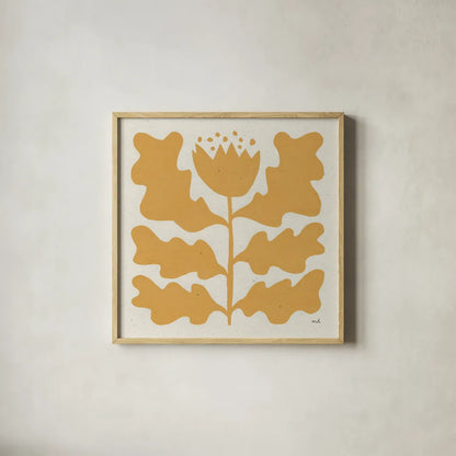 Delighted IV Yellow by Moira Hershey. Shown in a natural wood glass frame for a timeless modern aesthetic. Available as an archival giclee rolled canvas, fine art paper, or poster print. SKU 80538a.