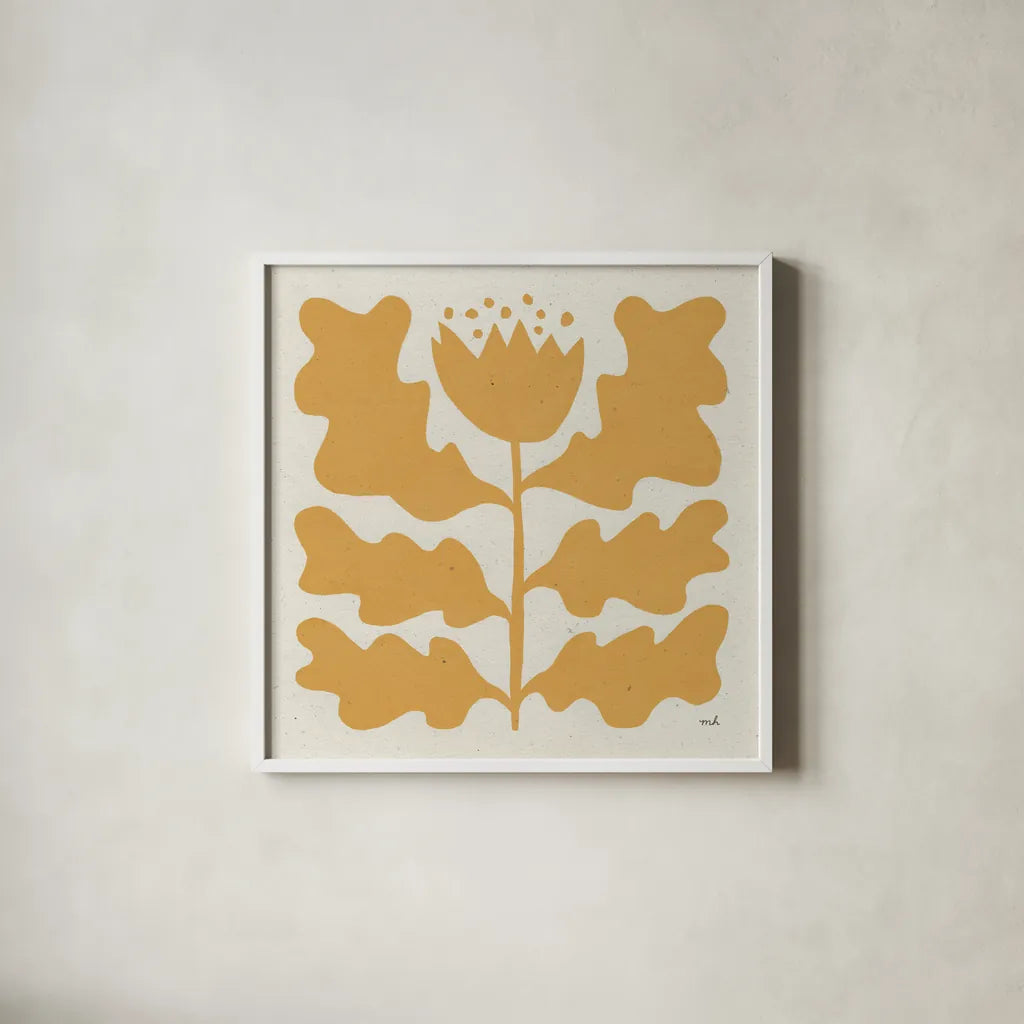 Delighted IV Yellow by Moira Hershey. Shown in a crisp white glass frame for a clean and minimalist style. Available as an archival giclee rolled canvas, fine art paper, or poster print. SKU 80538a.