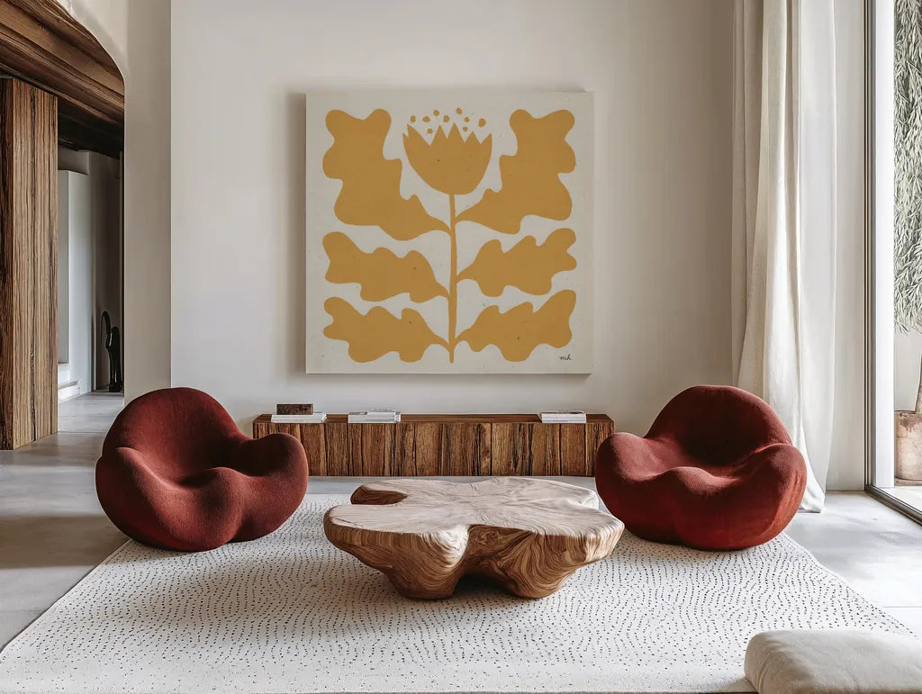 Delighted IV Yellow by Moira Hershey. Shown as extra-large giant wall art in a modern living room. Available as an archival giclee rolled canvas, fine art paper, or poster print. SKU 80538a.