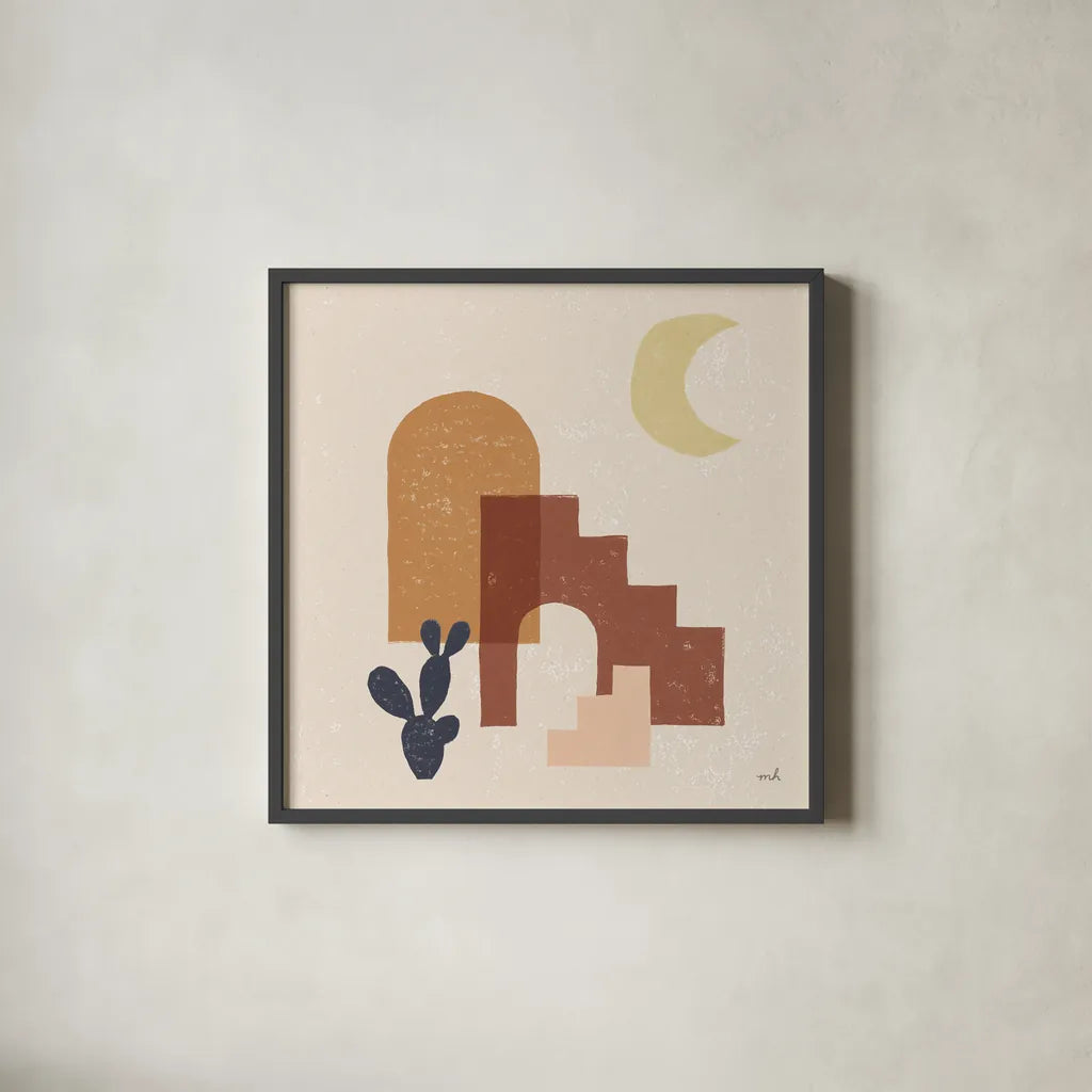 Desert Arches I Sq by Moira Hershey. Shown in a sleek black glass frame for a contemporary gallery look. Available as an archival giclee rolled canvas, fine art paper, or poster print. SKU 80640a.