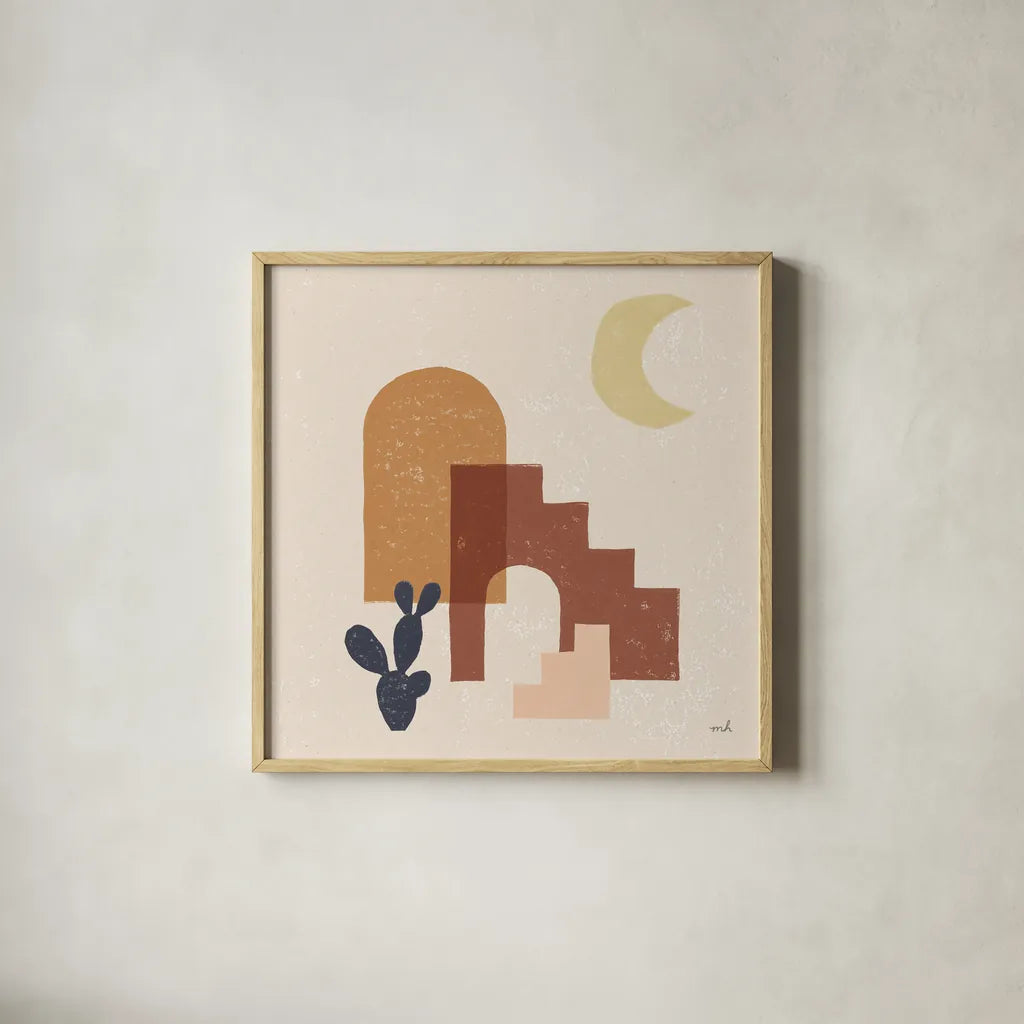 Desert Arches I Sq by Moira Hershey. Shown in a natural wood glass frame for a timeless modern aesthetic. Available as an archival giclee rolled canvas, fine art paper, or poster print. SKU 80640a.