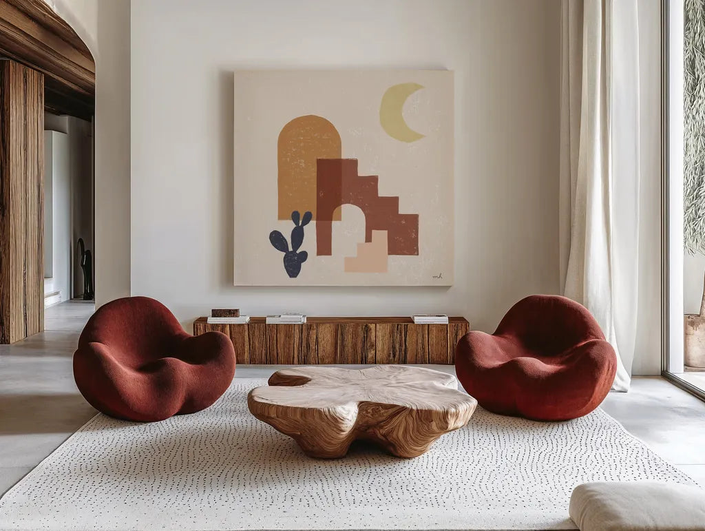 Desert Arches I Sq by Moira Hershey. Shown as extra-large giant wall art in a modern living room. Available as an archival giclee rolled canvas, fine art paper, or poster print. SKU 80640a.