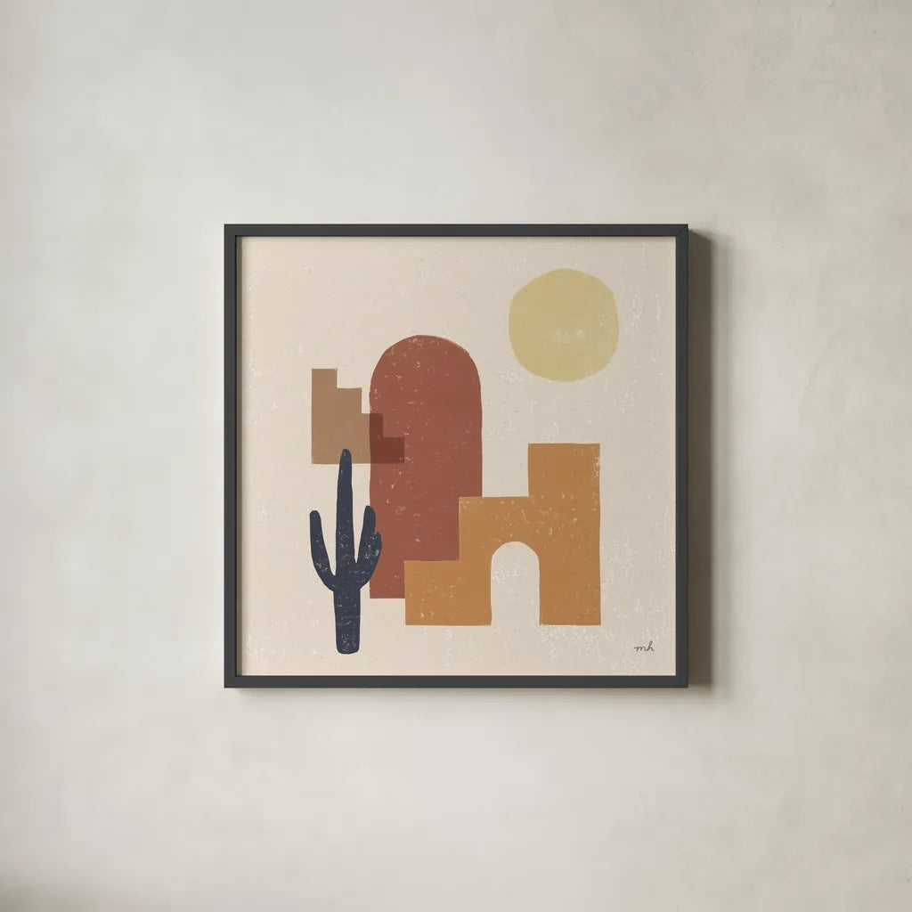 Desert Arches II Sq by Moira Hershey. Shown in a sleek black glass frame for a contemporary gallery look. Available as an archival giclee rolled canvas, fine art paper, or poster print. SKU 80641a.