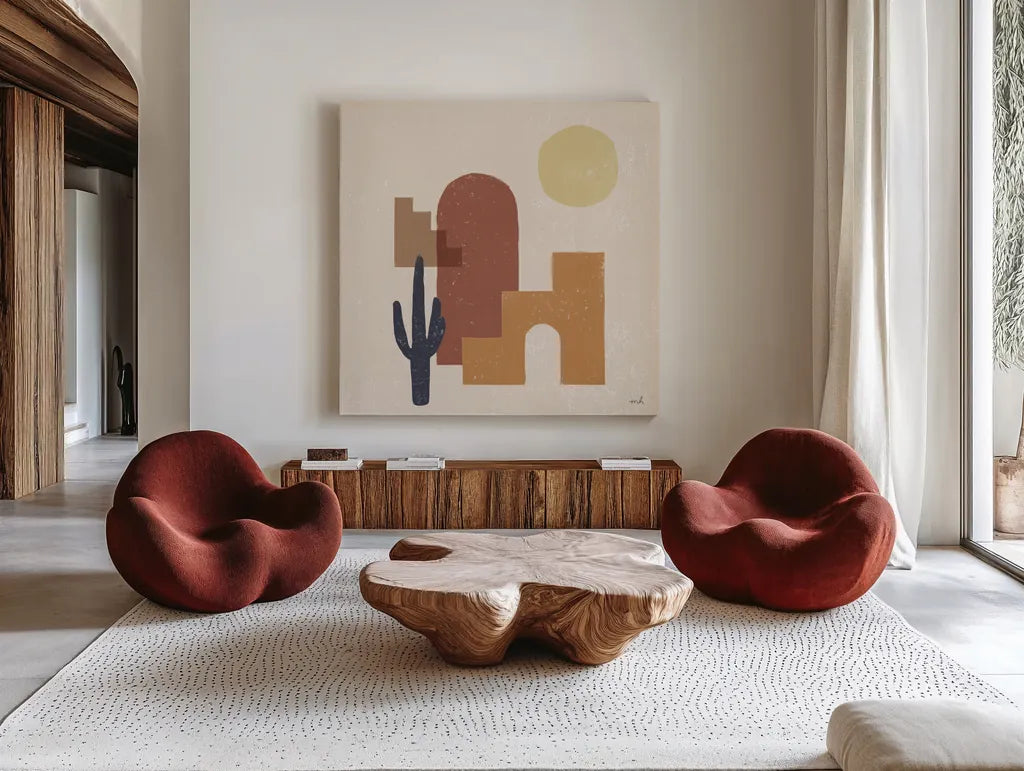 Desert Arches II Sq by Moira Hershey. Shown as extra-large giant wall art in a modern living room. Available as an archival giclee rolled canvas, fine art paper, or poster print. SKU 80641a.