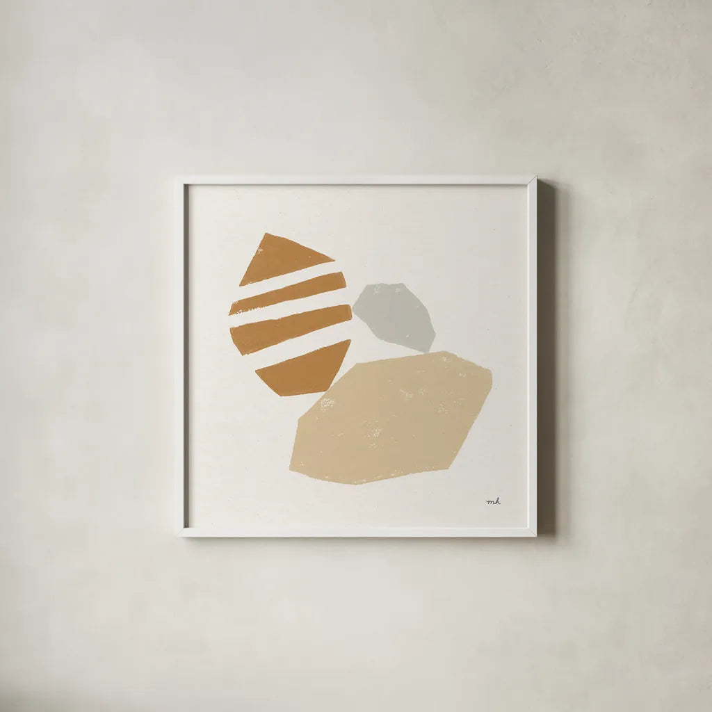 Desert Stones I by Moira Hershey. Shown in a crisp white glass frame for a clean and minimalist style. Available as an archival giclee rolled canvas, fine art paper, or poster print. SKU 56376a.