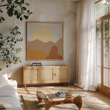 Desert Sun I by Moira Hershey. Shown in a natural wood frame in a cozy modern living room. Available as an archival giclee rolled canvas, fine art paper, or poster print. SKU 57267a.
