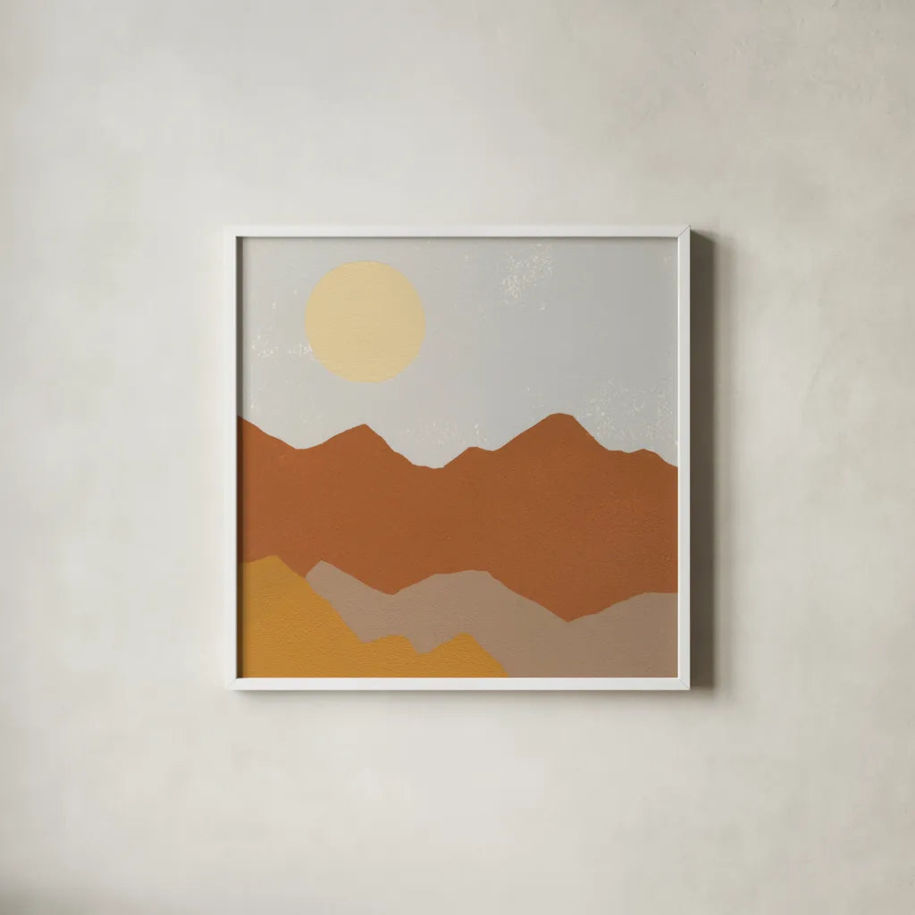 Desert Sun II by Moira Hershey. Shown in a crisp white glass frame for a clean and minimalist style. Available as an archival giclee rolled canvas, fine art paper, or poster print. SKU 57268a.