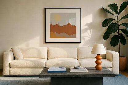 Desert Sun II by Moira Hershey. Displayed in a glass frame with matte in a clean modern living room. Available as an archival giclee rolled canvas, fine art paper, or poster print. SKU 57268a.