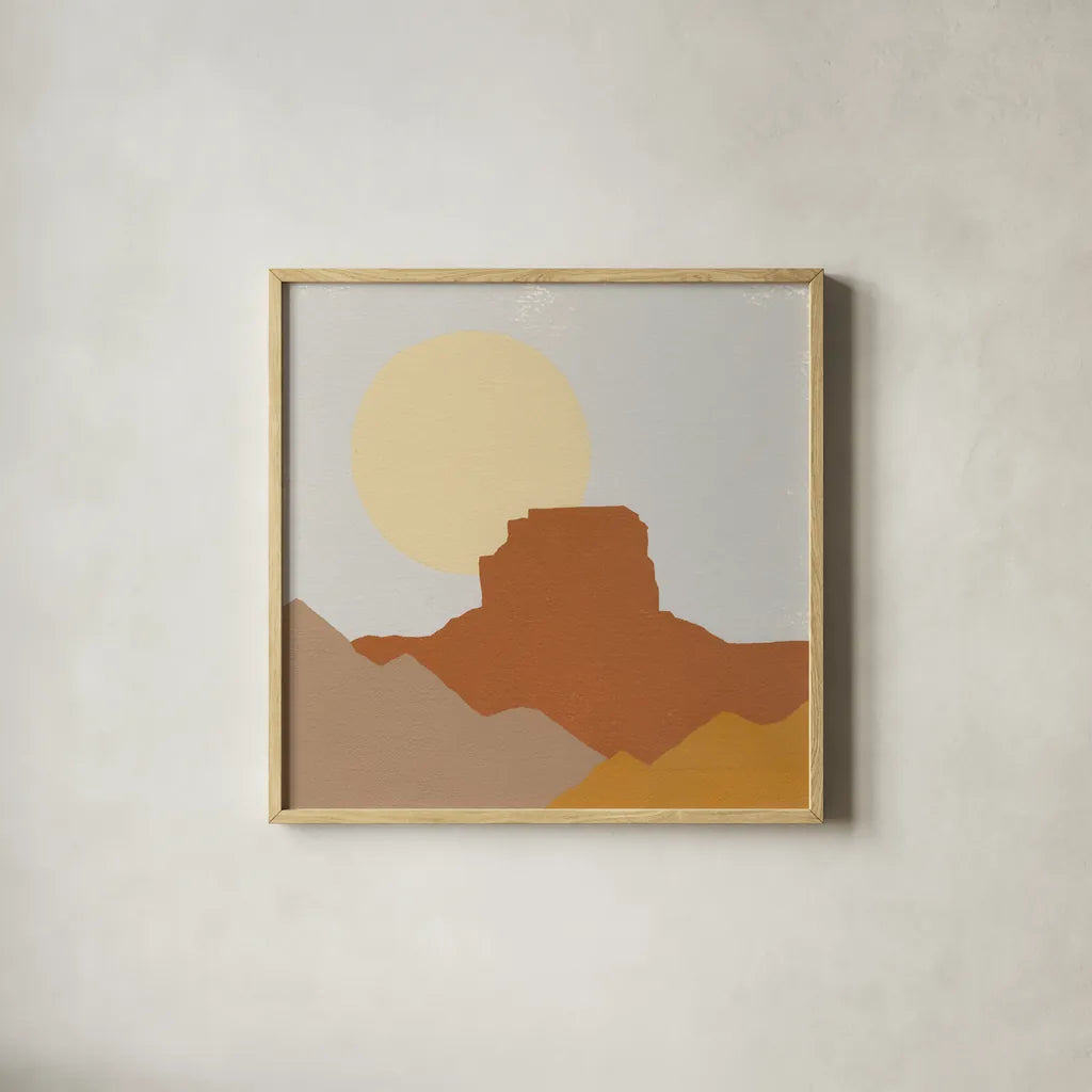 Desert Sun III by Moira Hershey. Shown in a natural wood glass frame for a timeless modern aesthetic. Available as an archival giclee rolled canvas, fine art paper, or poster print. SKU 57269a.